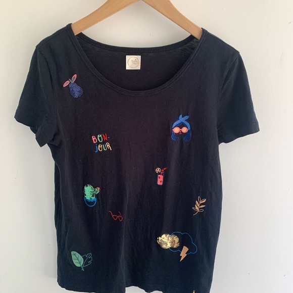 Des Petits Hauts navy blue embroderies tee shirt size 1 - Picture 12 of 12